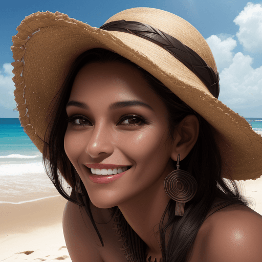 AI generated: the woman is smiling on the beach, in the style of light brown and dark black, fashwave, mesoamerica...