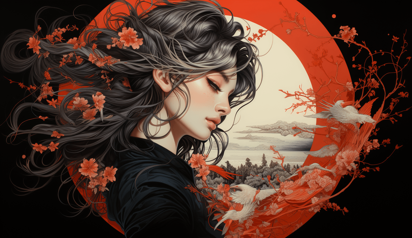 AI generated: Japanese art prints on heavy cardstock, in the style of contrasting balance, tondo, nightcore, horiz...