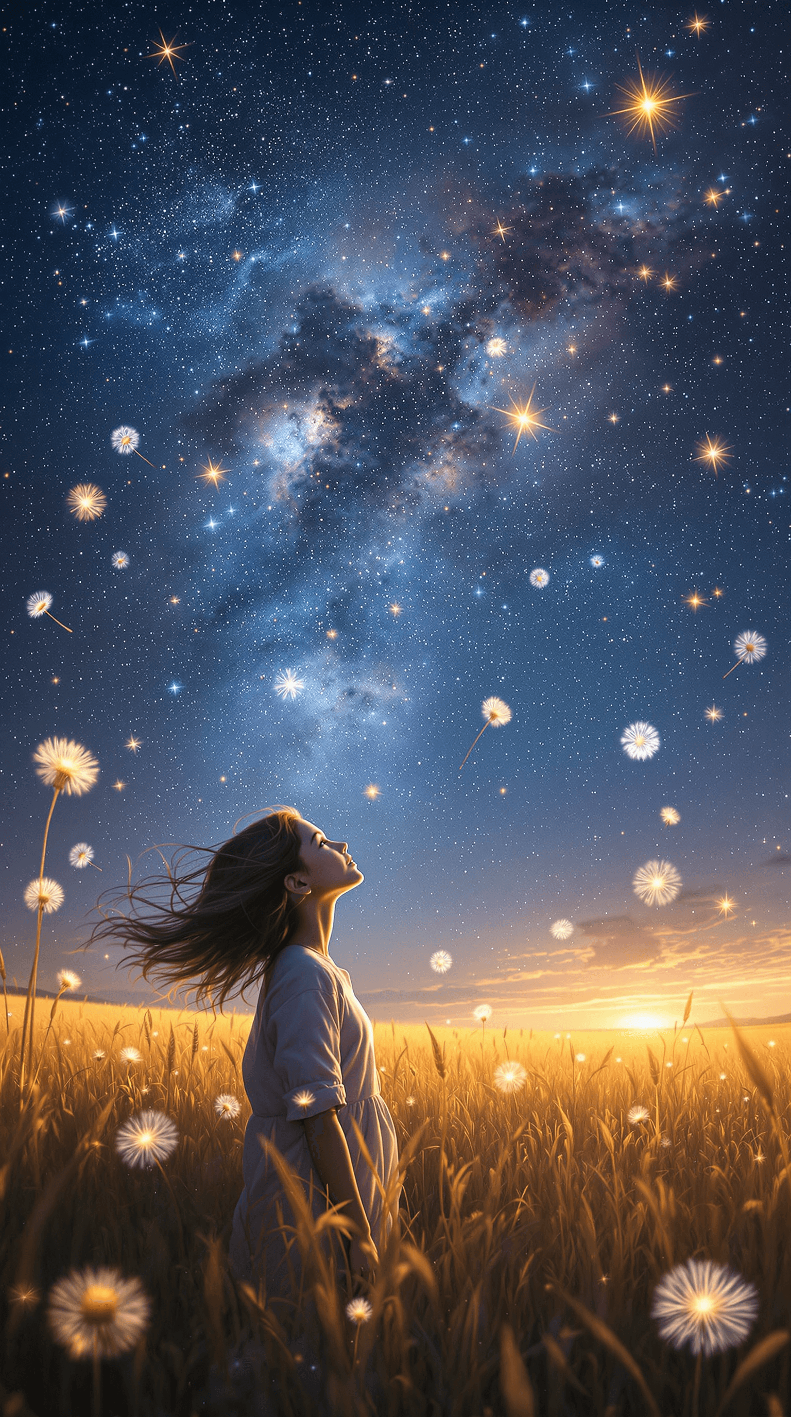 AI generated: a hyper-realistic depiction of a young girl standing in a vast, open field, gazing up at the sky on ...
