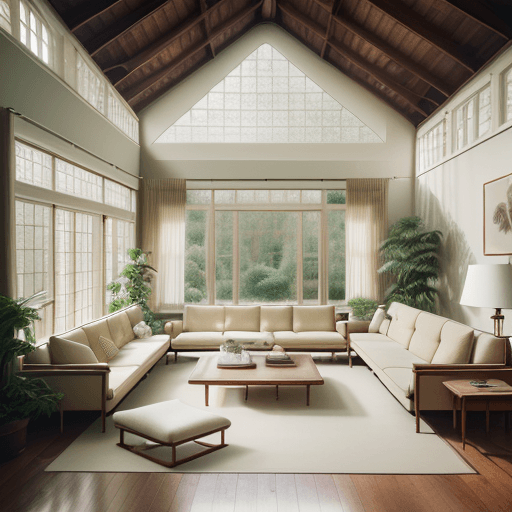 AI generated: high resolution photography interior design, dreamy sunken living room conversation pit, wooden floo...