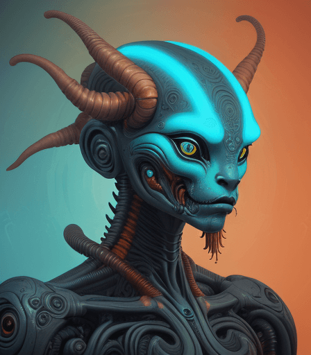 AI generated: alien cyborg art and illustration by theo el, in the style of balanced symmetry, light orange and cy...