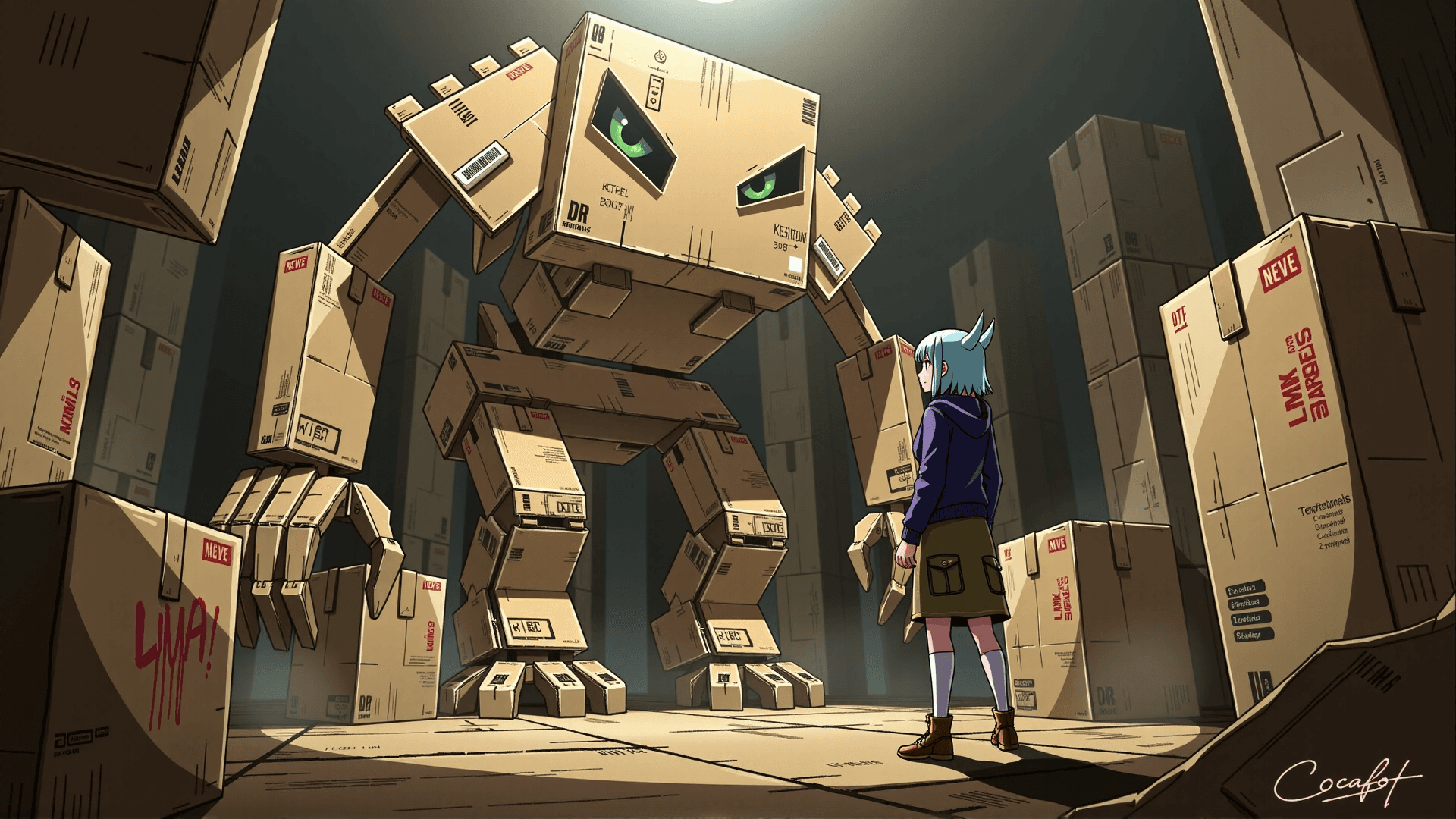 AI generated: A towering, menacing cardboard monster, constructed from jagged, overlapping corrugated boxes and da...