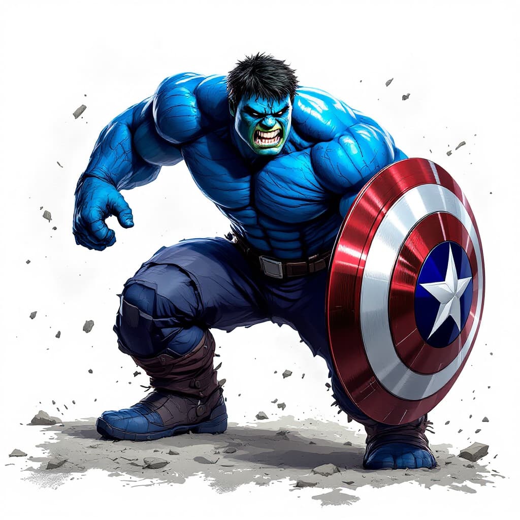 AI generated: blue hulk, (as captain america with uniform and shield ), ultrarealistic 