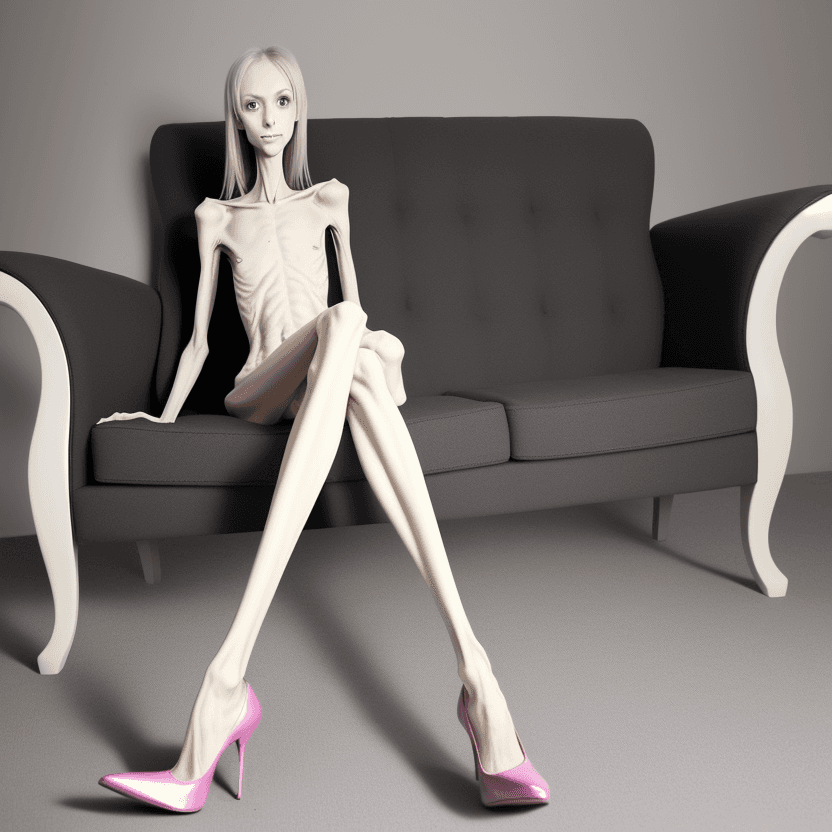 AI generated: naked very skinny anorexic legs in high heels, high heels, the tips of the shoes are very long towar...