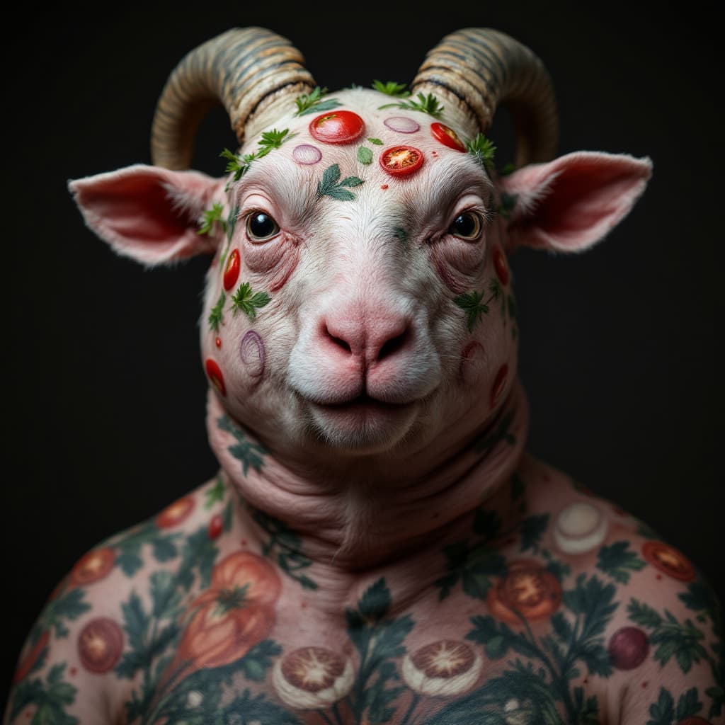 AI generated: photo close up,  head-shoot studio portrait, hairless, shaved, no hair , bald shaved big fat lamb ta...