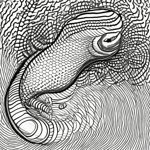 AI generated: Black & white, coloring-book style, line drawing of giant worm with a beak, surrounded by 