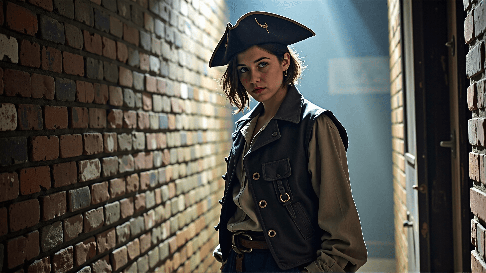 AI generated: An intimate and contemplative portrait of Mary Read in the semi-shadows of a gloomy London alleyway ...