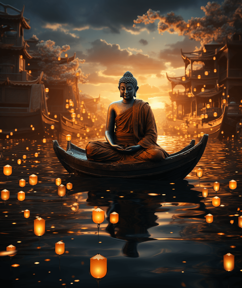 AI generated: beautiful golden image of buddha sitting in water with bright full moon hanging in the sky, in the s...
