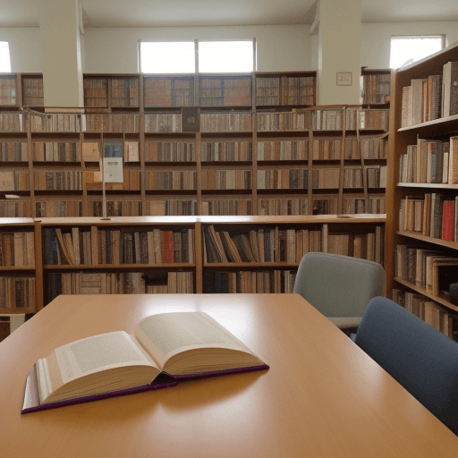 AI generated: una foto de biblioteca, libros, mesa con libros