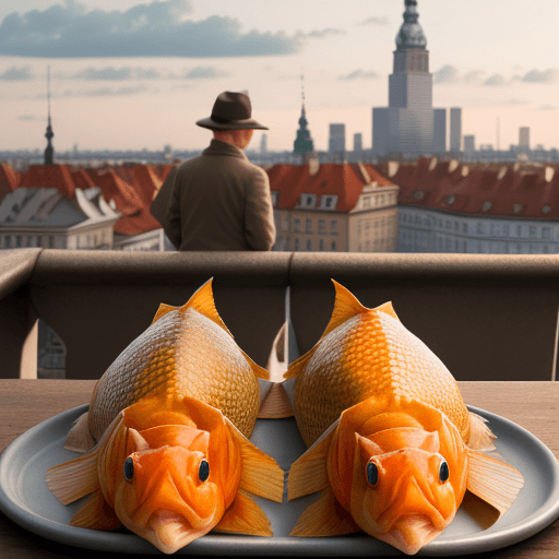 AI generated: crucian carps with human faces standing on the ground. Next to them a stool on the plate on the tabl...