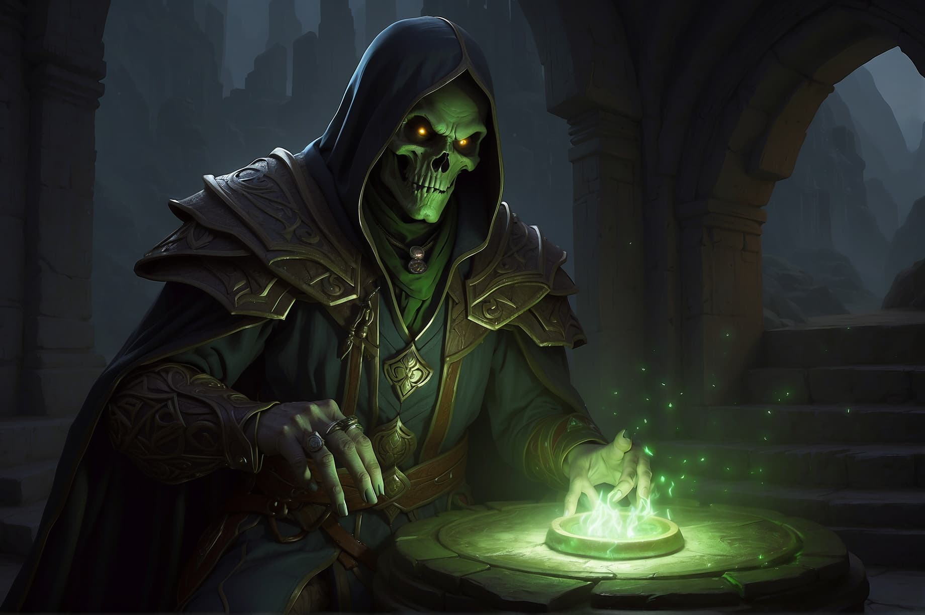 AI generated: "Produce an artistic representation of a fearsome Undead Warlock from World of Warcraft. Capture the...