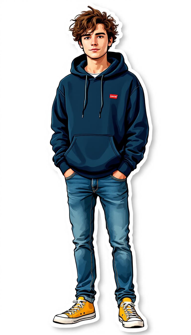 AI generated: A full-body sticker-style illustration of a young man with brown hair and a light, sparse one-day st...