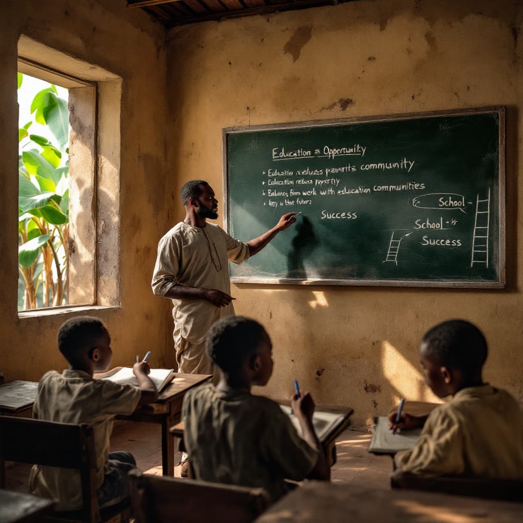 AI generated: Ultra-realistic 4K photograph of a rural Nigerian classroom. A 29-year-old male teacher in tradition...
