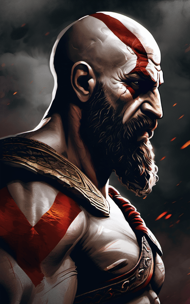 AI generated: old kratos, the god of war, half body, extremely brutal epic composition, digital painting, (express...