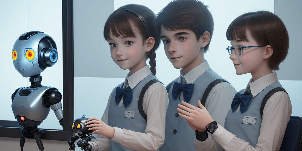 AI generated: two human boy and girl students, detail face, smile, wearing school uniforms, learning with a small ...