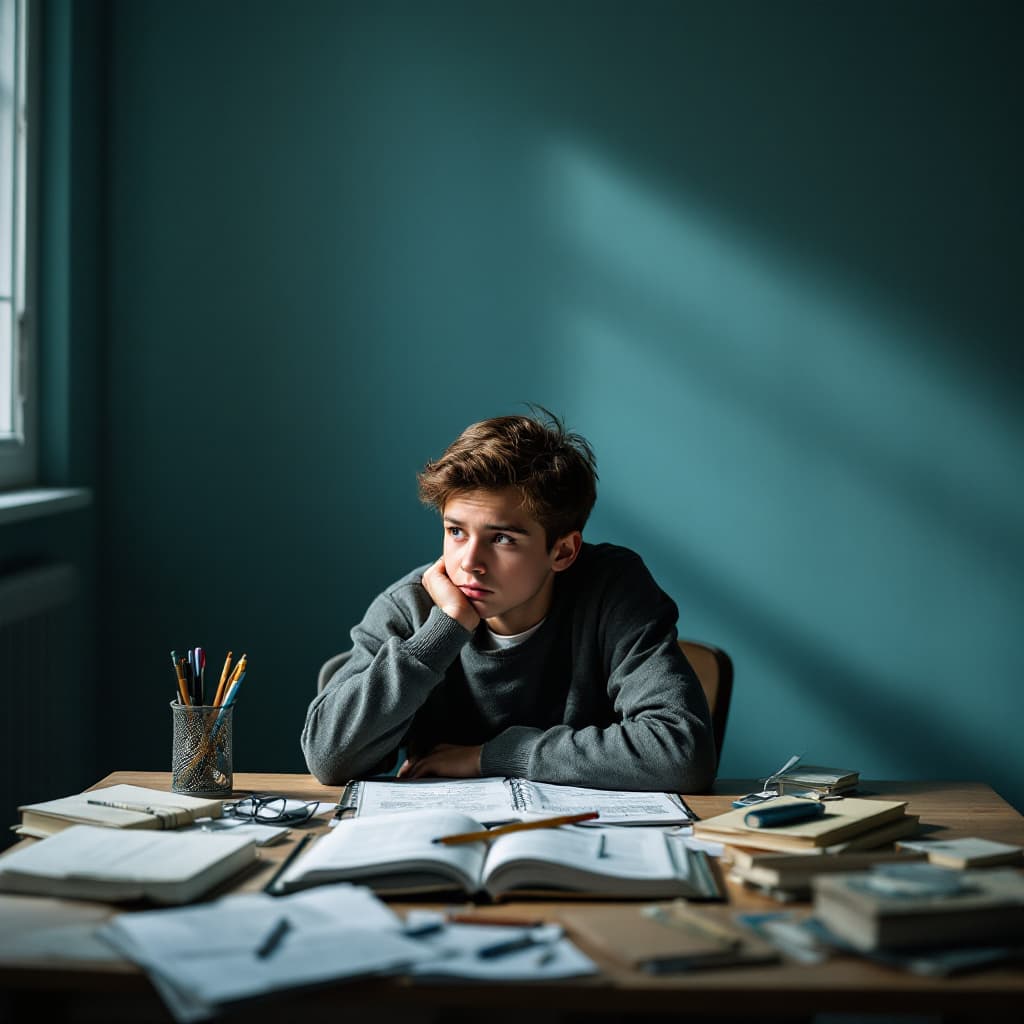AI generated: A young boy sitting alone at a study desk, surrounded by books and a notebook, with a thoughtful exp...