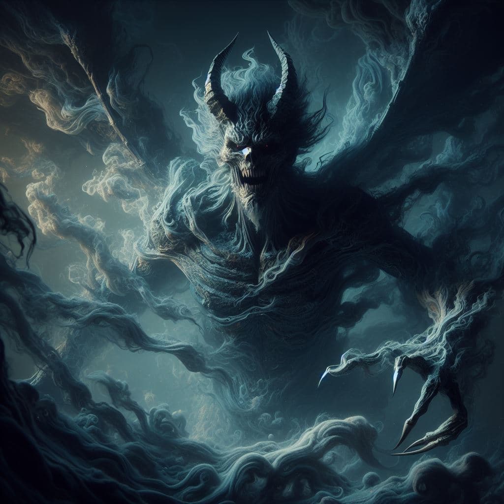 AI generated: In a dark, ominous realm, Ryomen Sukuna, the ancient, malevolent curse from Jujutsu Kaisen, floats m...
