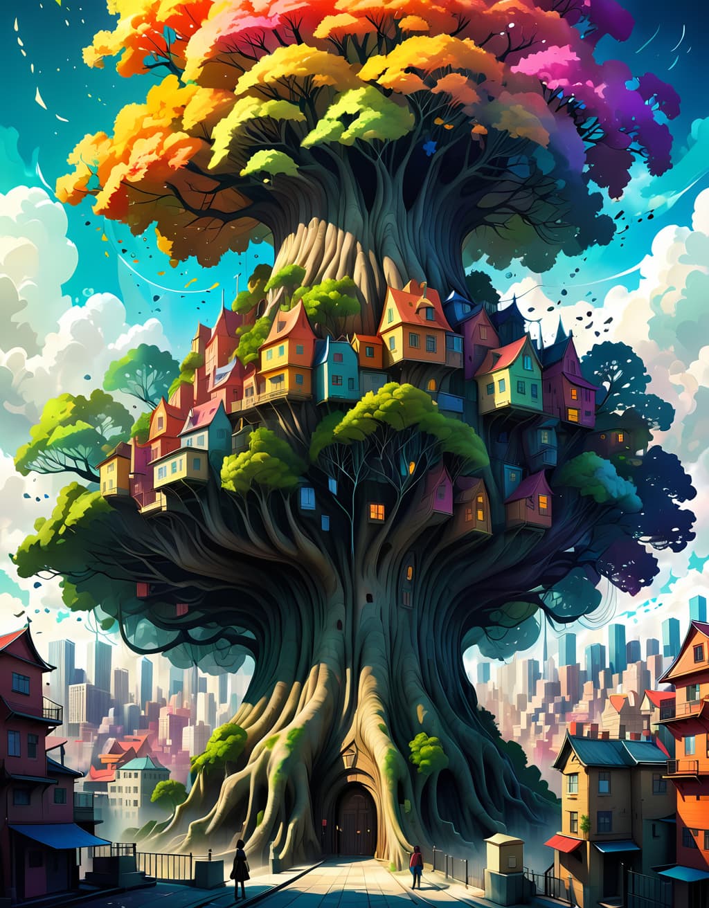 AI generated: style of P.A. Works, A giant tree with a city built into it, fantasy, illustration, animation, styli...