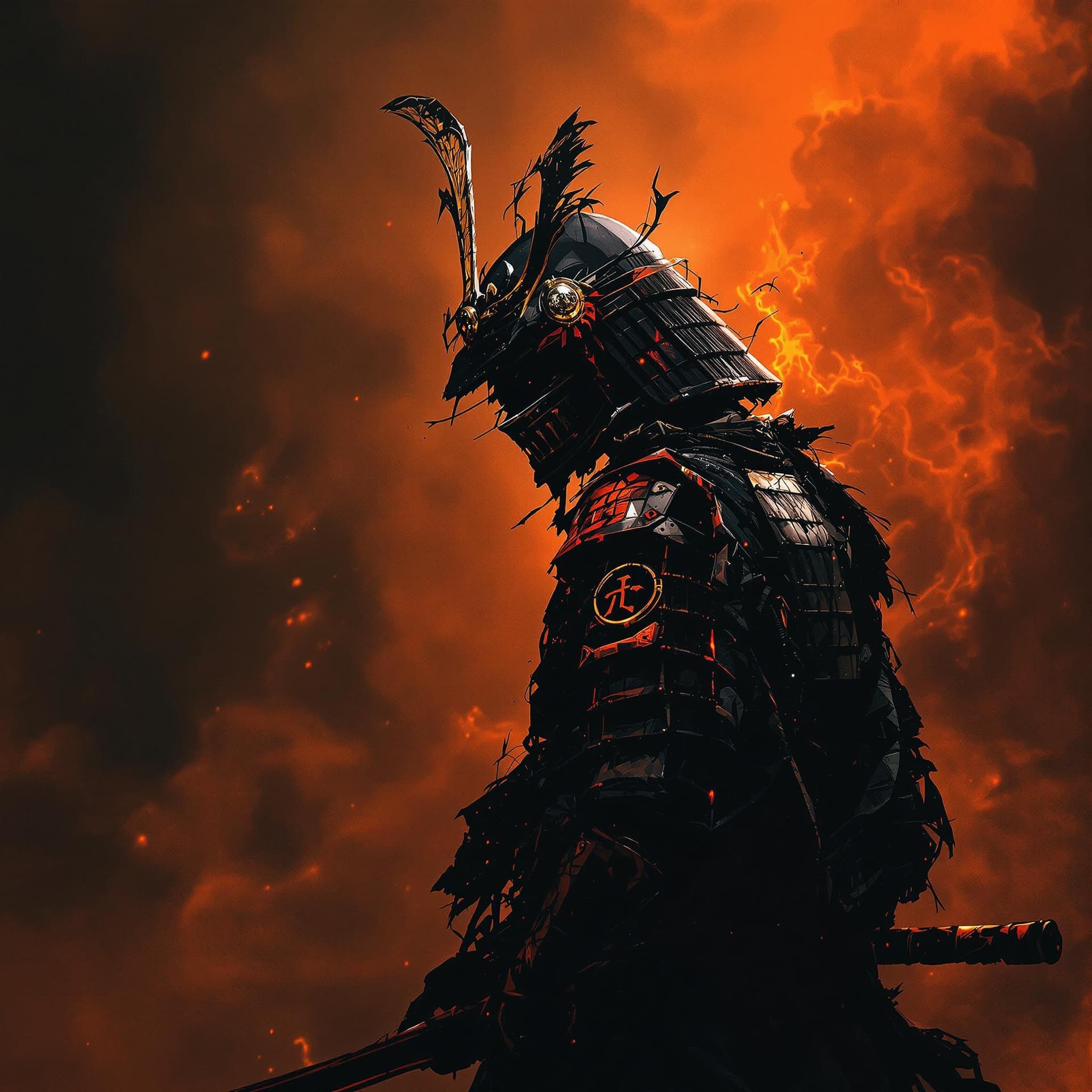 AI generated: A unique warm and dark picture f a samurai facing back giving a look of contempo to the camera