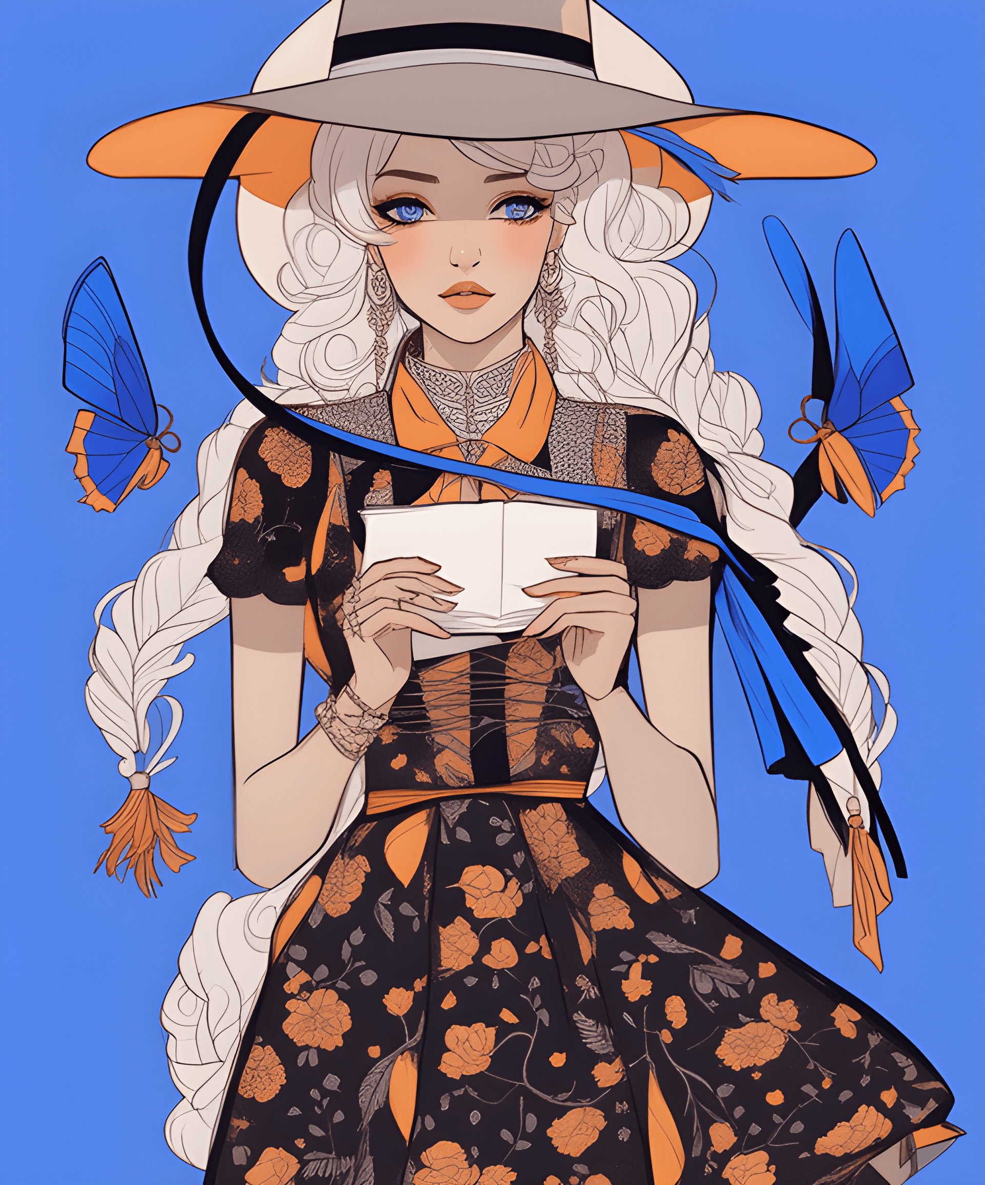 AI generated: a drawing of a woman in a dress and hat, a storybook illustration, tumblr, blue!! with orange detail...