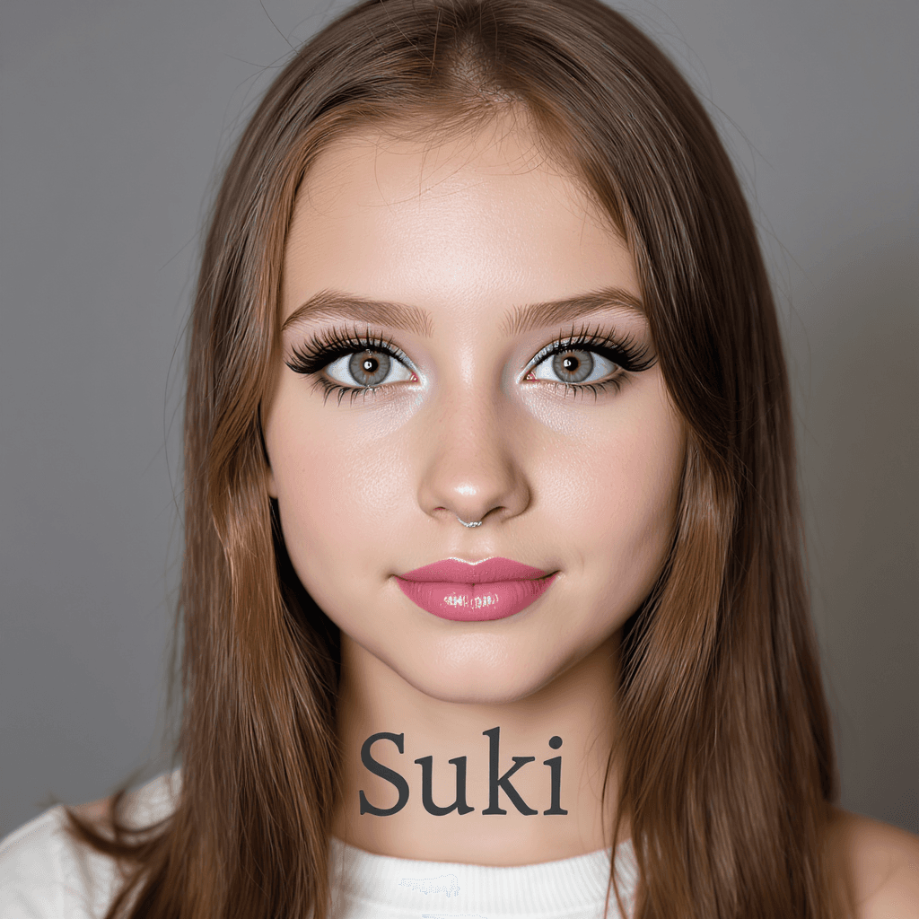 AI generated: A hyper-realistic depiction twelve year old Suki, with thick black eye liner, exceptionally long eye...