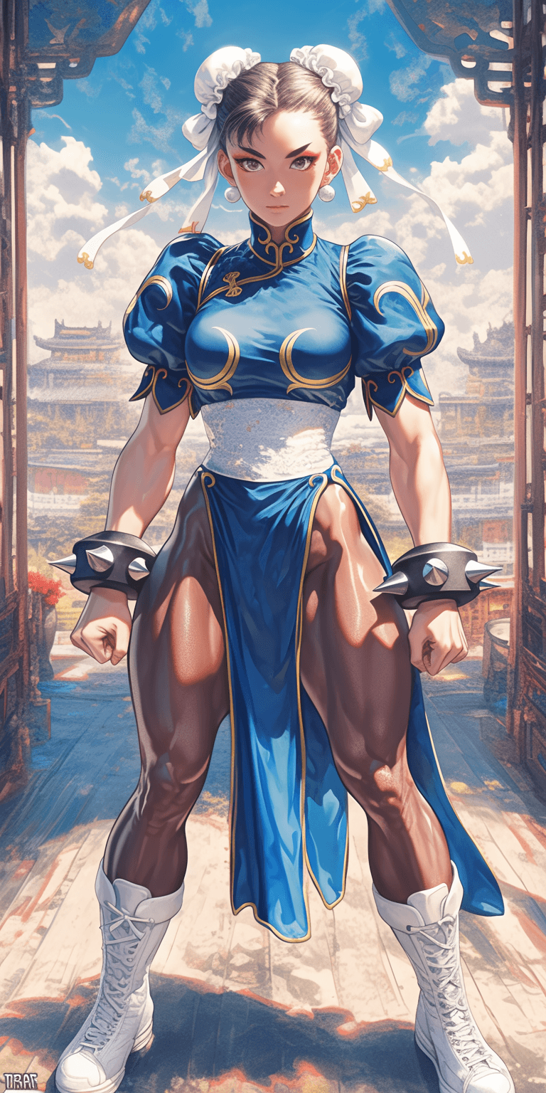 AI generated: Chun-Li, Street Fighter, blue and white outfit with gold trim, action scene fighting pose, hyper-rea...