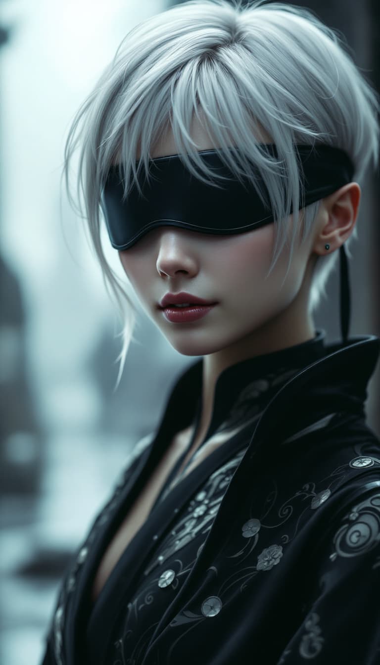 AI generated: high definition photo, A character with short white hair and a blindfold, wearing a sleek, dark outf...