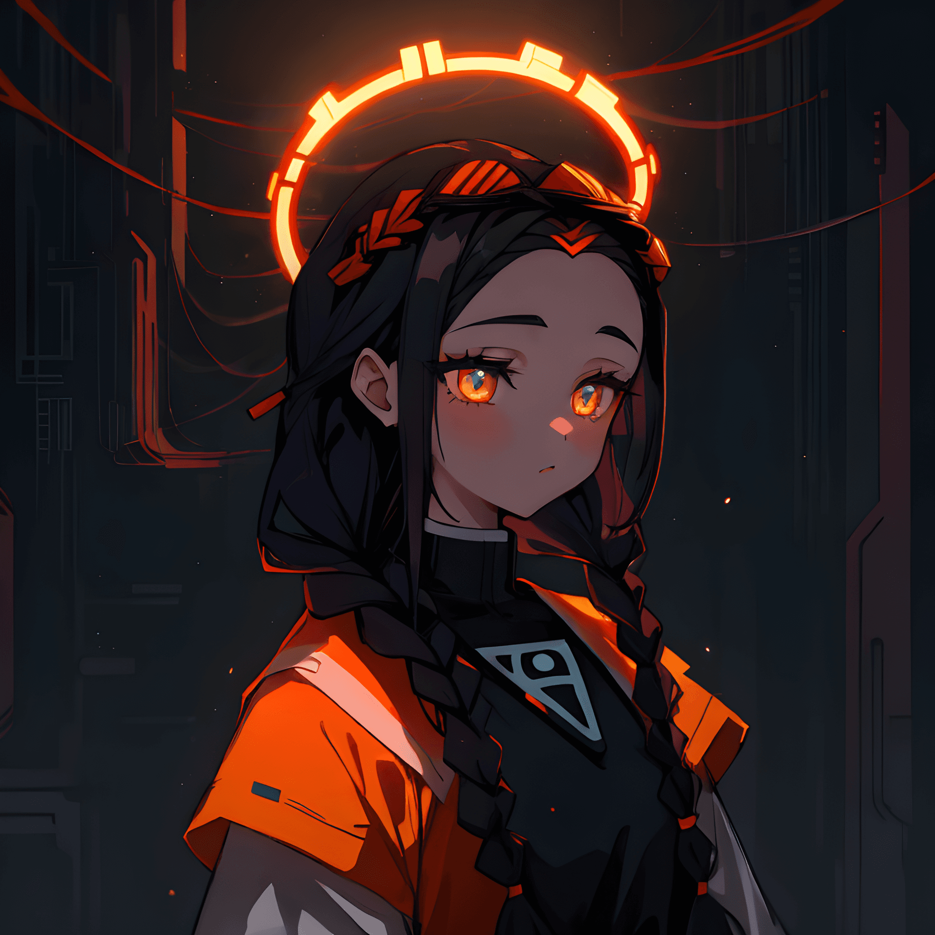 AI generated: a girl with braids and a halo on her head, afrofuturism, nezuko, holy glow, dark orange, cyberpunk j...