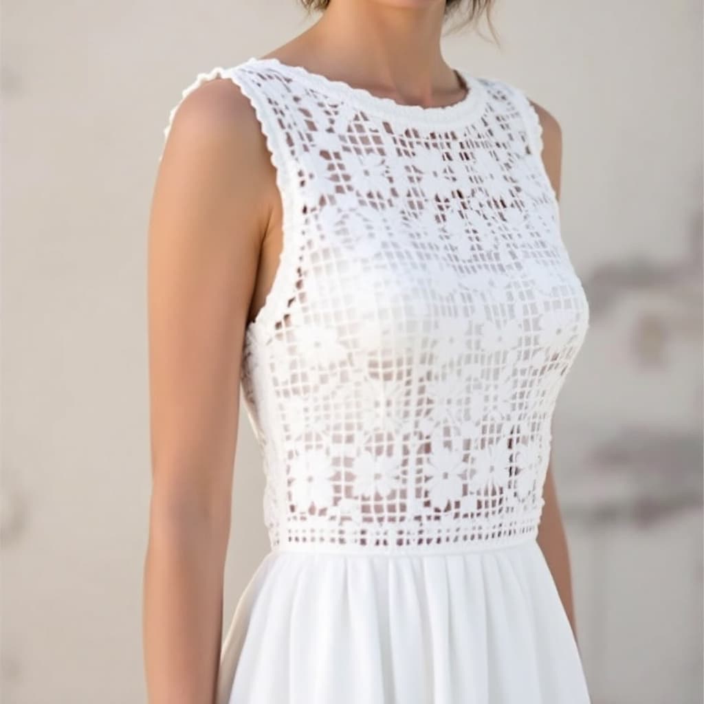 AI generated: "A simple and elegant sleeveless wedding dress, crafted with delicate crochet patterns. The dress fe...