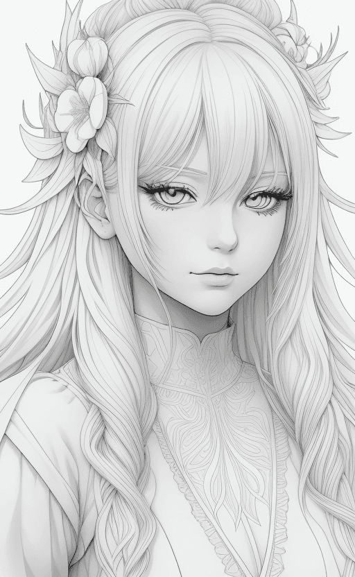 AI generated: coloring page Anime portrait clean line art, black pen line high detail,,wild dynamic white hair, wo...