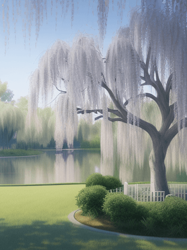AI generated: Back view of a weeping willow tree in a park, sketch style, in a serene District, watercolor paint, ...