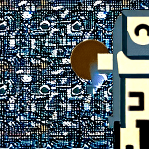 AI generated: A robot with a coin at his center in front of a background of interconnecting block chains extending...
