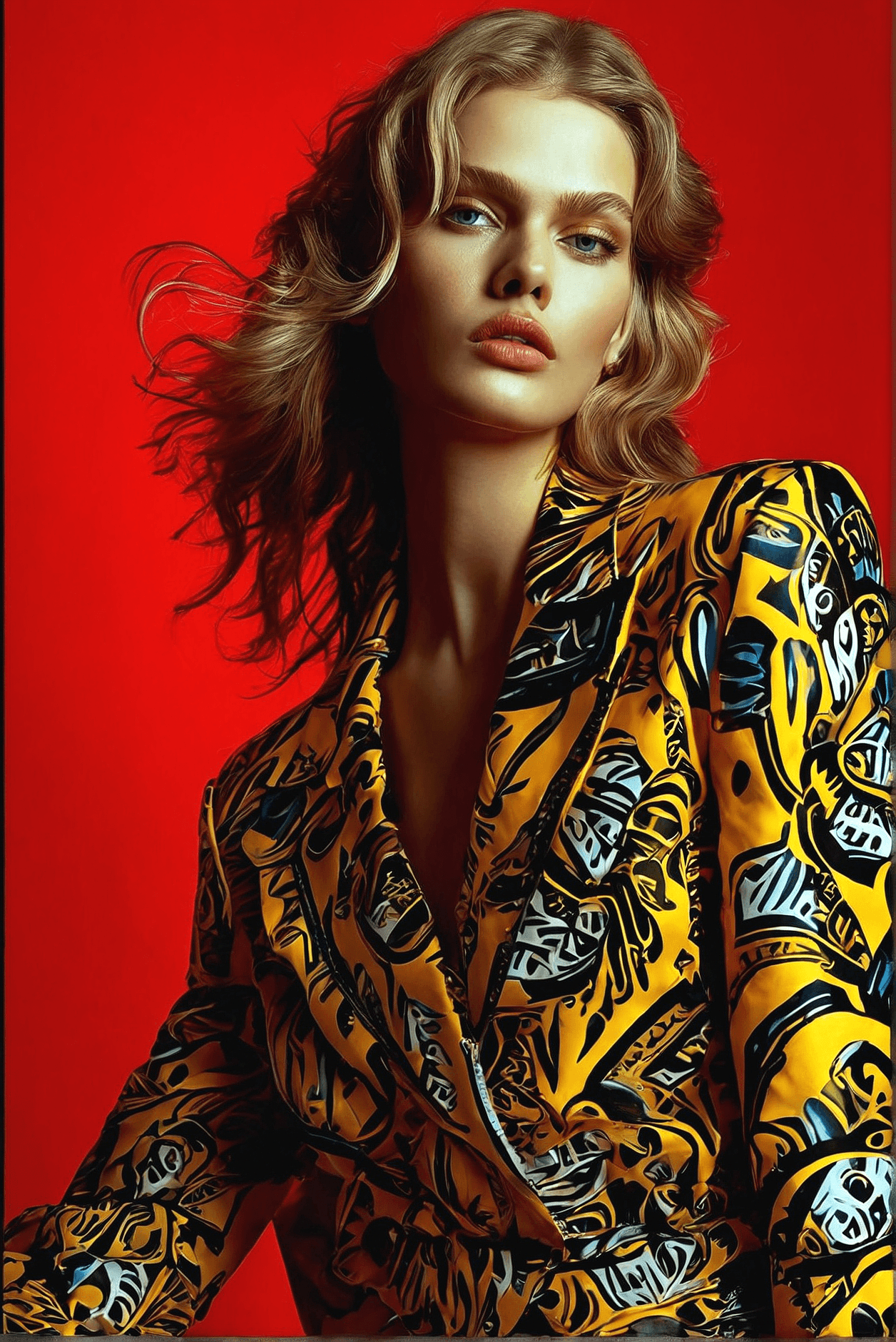 AI generated: Medium shot portrait of  a beautiful supermodel in Versace outfit, fashion shot, magazine cover, edi...