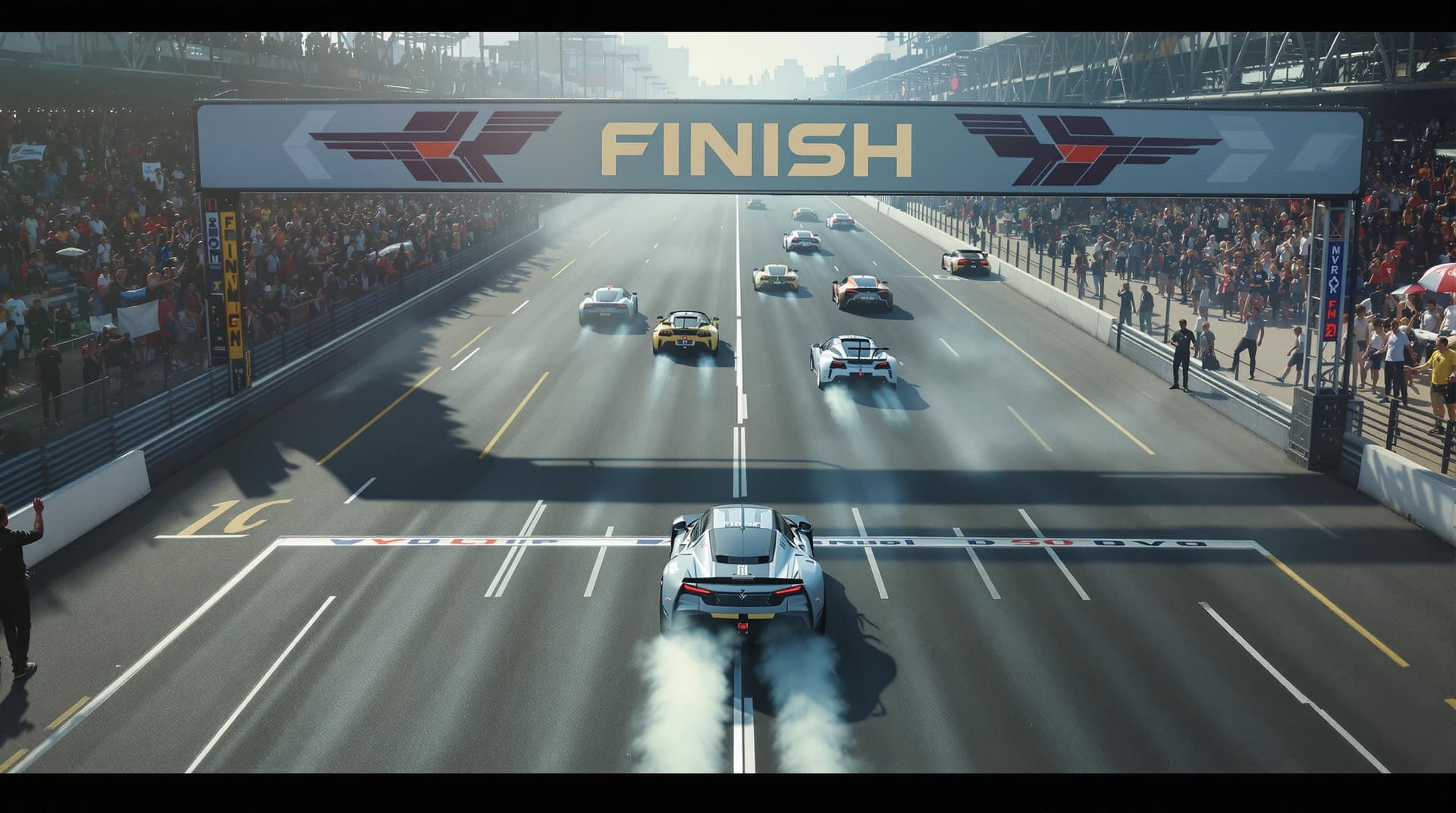 AI generated: The wide track is well lit by the sun.  Tension is increasing. A FINISH banner over the wide race co...