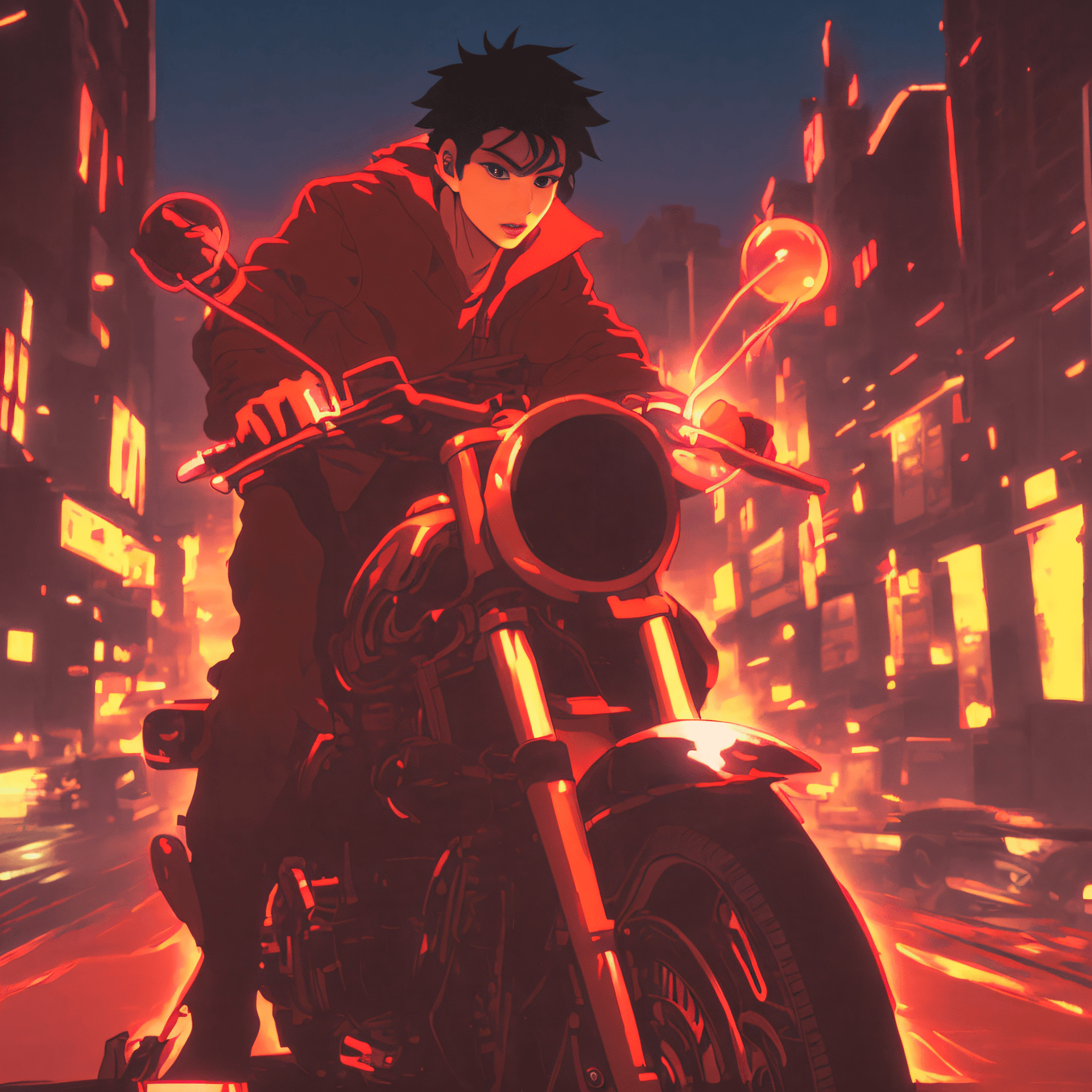 AI generated: anime poster of a man riding a motorcycle in the city, style of akira motion movie, akira art style,...