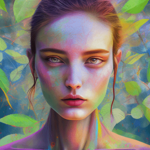AI generated: Vibrant colors , T-shirt design , Portrait of A  leaf   female face, beautiful eyes , solo, gloomy i...