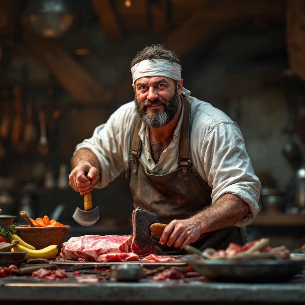 AI generated: Middle Ages, normal and friendly looking butcher with axe, no background, while working, completely ...