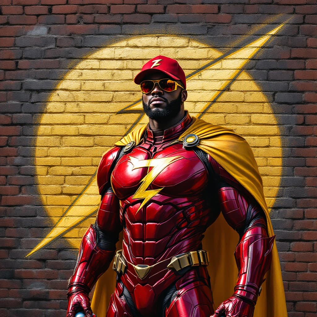 AI generated: Hyper real IDRIS ELBA with a red baseball cap backwards, sunglasses, in a red metallic dark knight a...