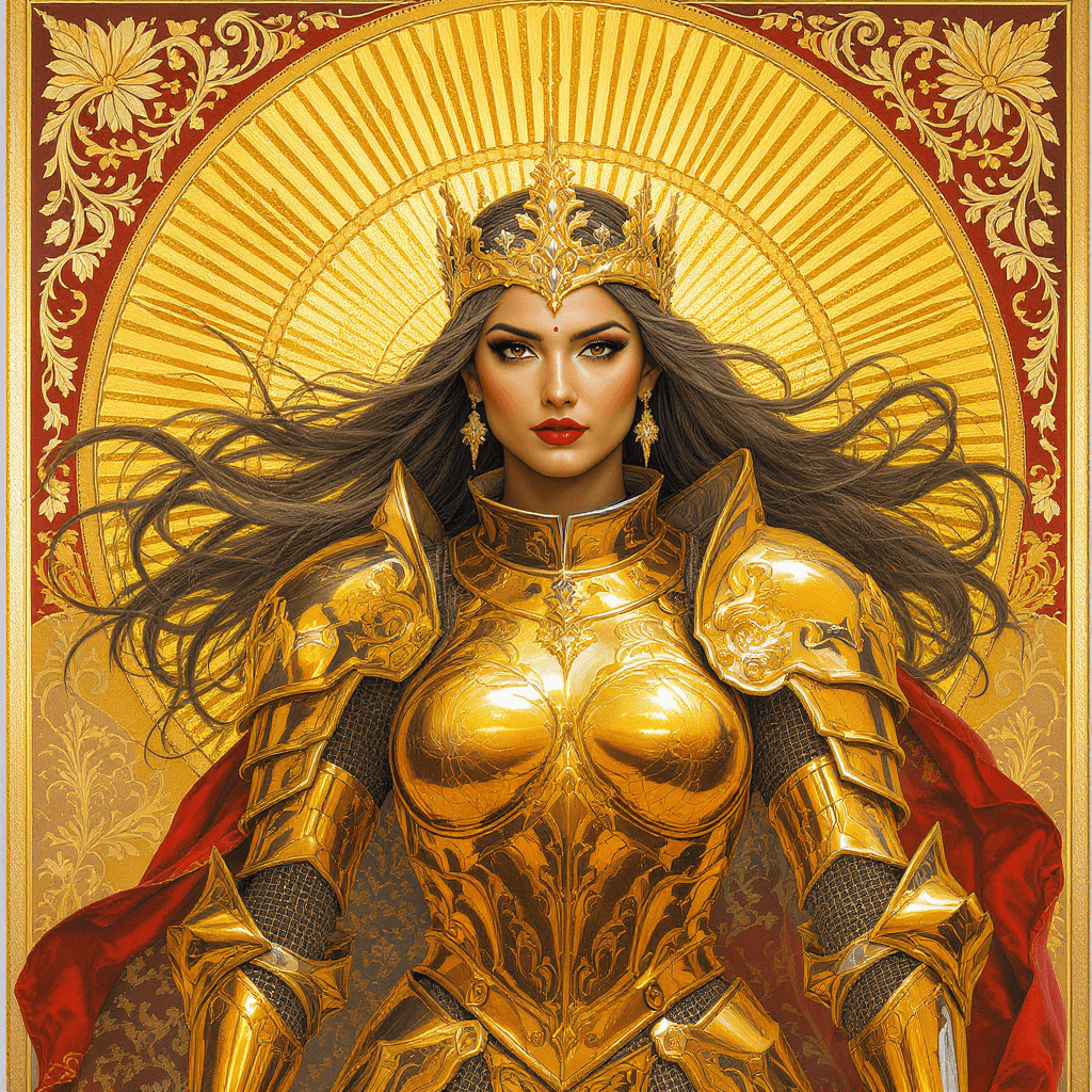AI generated: beautiful strong woman in a shining golden armor (intricate design golden armor), offset printing, f...
