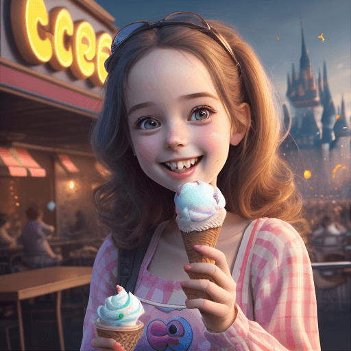 AI generated: cute, adorable, smiling girl eating ice cream, candies flying all around her, Pixar, disnet, cinema ...