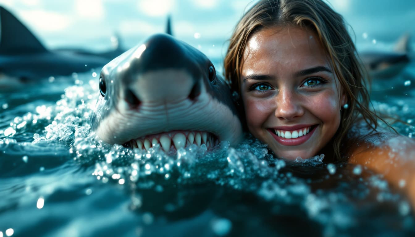 AI generated: The girl takes a selfie, her face expresses a mixture of delight and fear, her eyes are wide open. S...