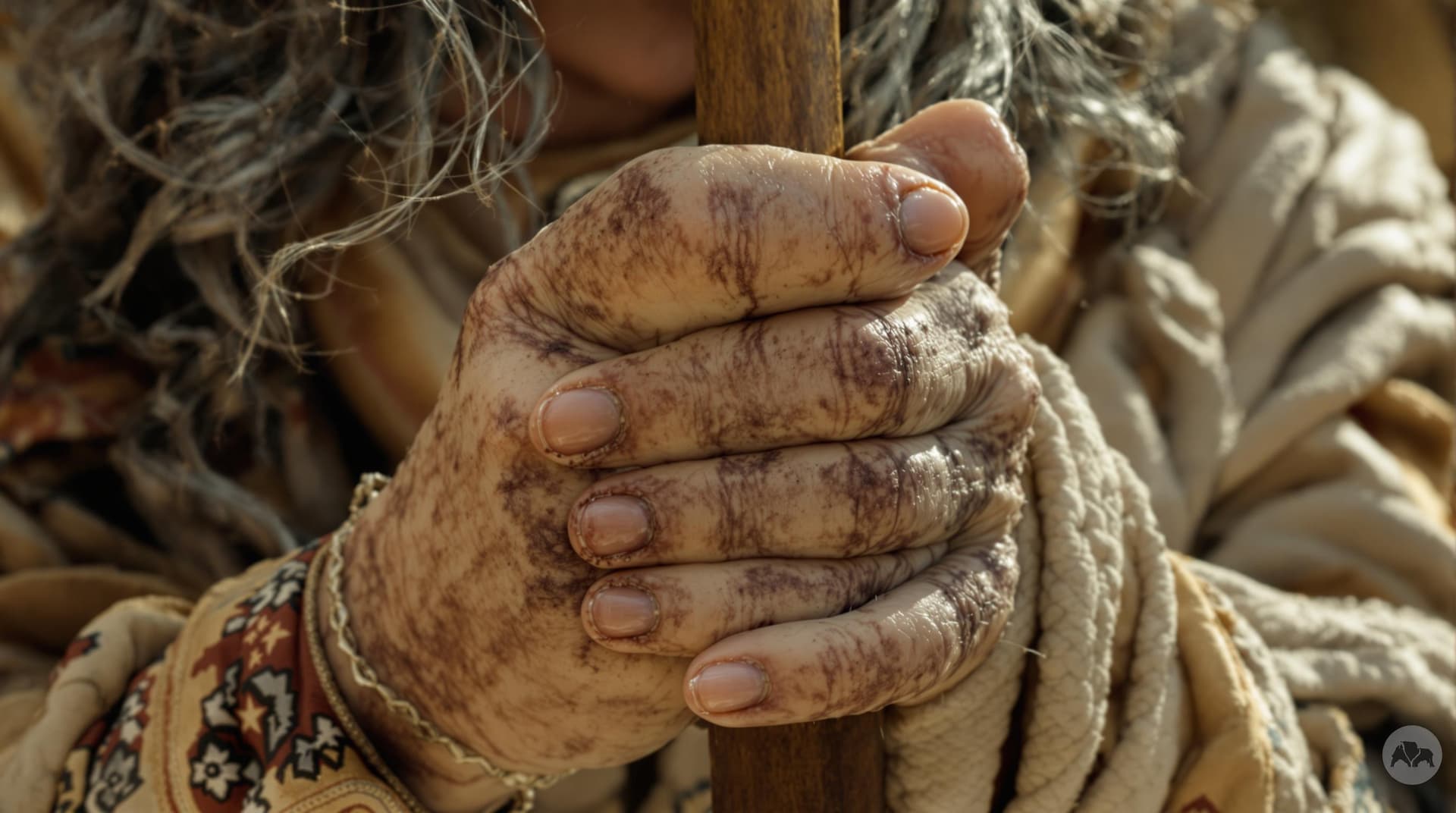 AI generated: 2.	Close-up of Parushat’s hands gripping a spear tightly, old scars visible on her fingers. [Parusha...