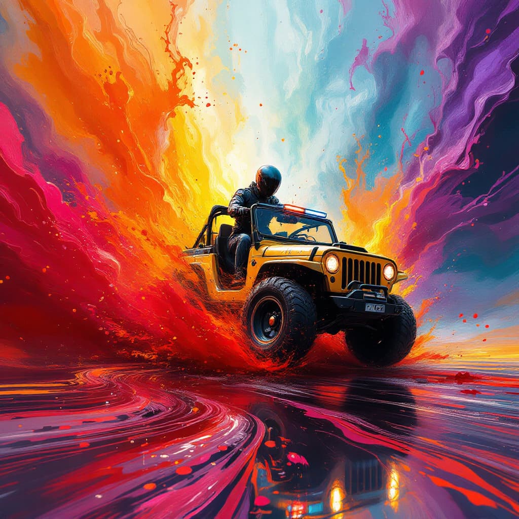 AI generated: artistic, water artistic, water painting style, art piece showing a man riding a futuristic jeep wit...