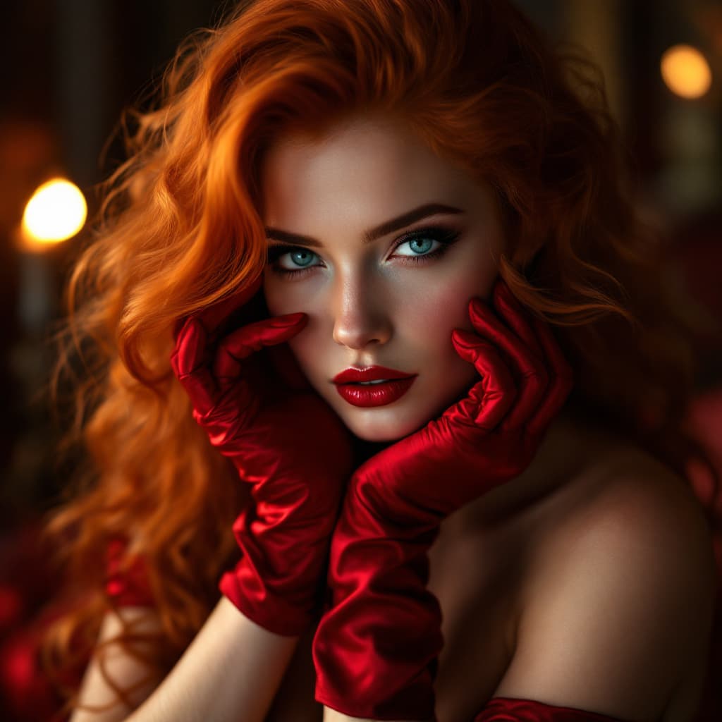 AI generated: erotic woman ,in a luxuriously sureal Dimension, she is complete Ginger-haired ,red satin gloves, bi...