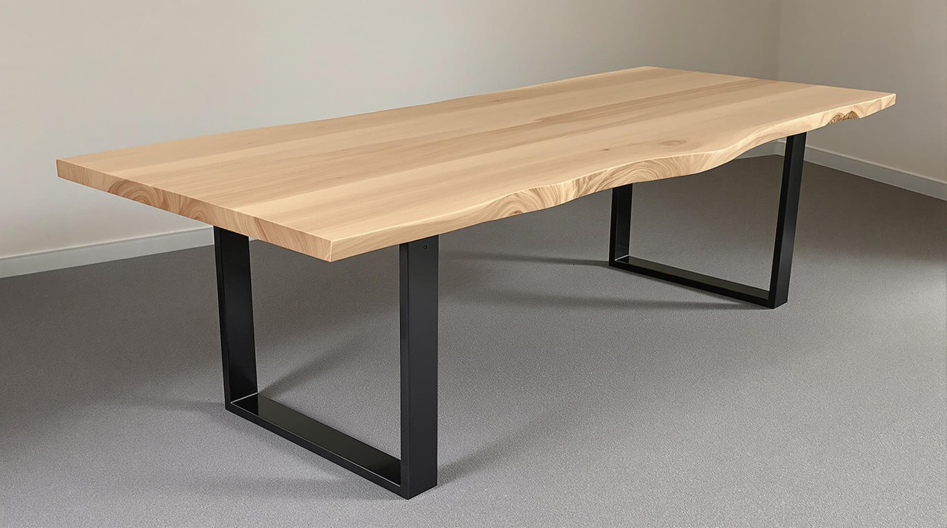 AI generated: 
A light wood live-edge dining table with black steel legs, displayed in an empty room setting. The ...