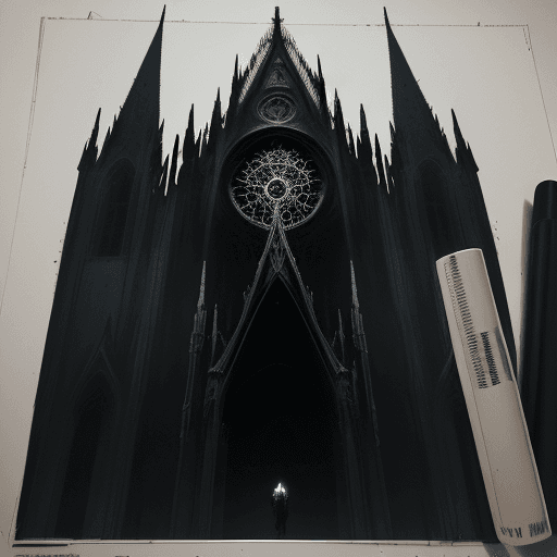 AI generated: A dark magestic cathedral,horror:: blueprint drawing::3 dusk::4.5 wide angle lens::4.7 yoji shinkawa...