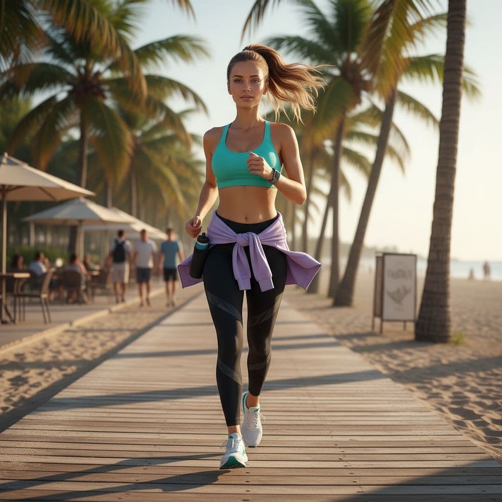 AI generated: Sarah maintains a steady rhythm as she jogs along the palm-lined beach path, her athletic frame movi...