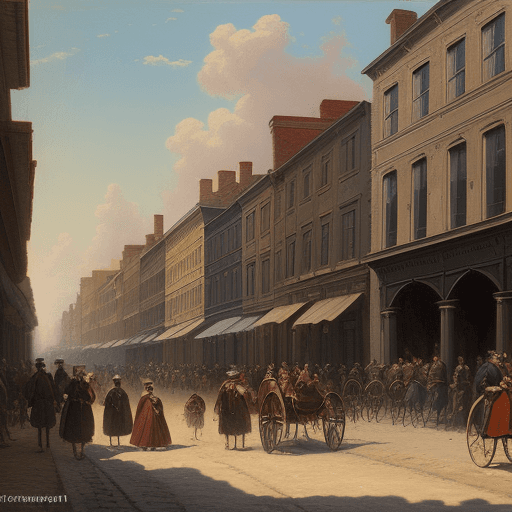 AI generated: oil painting of 1800s city street , busy street full of people in style of Ivan Konstantinovich, wid...