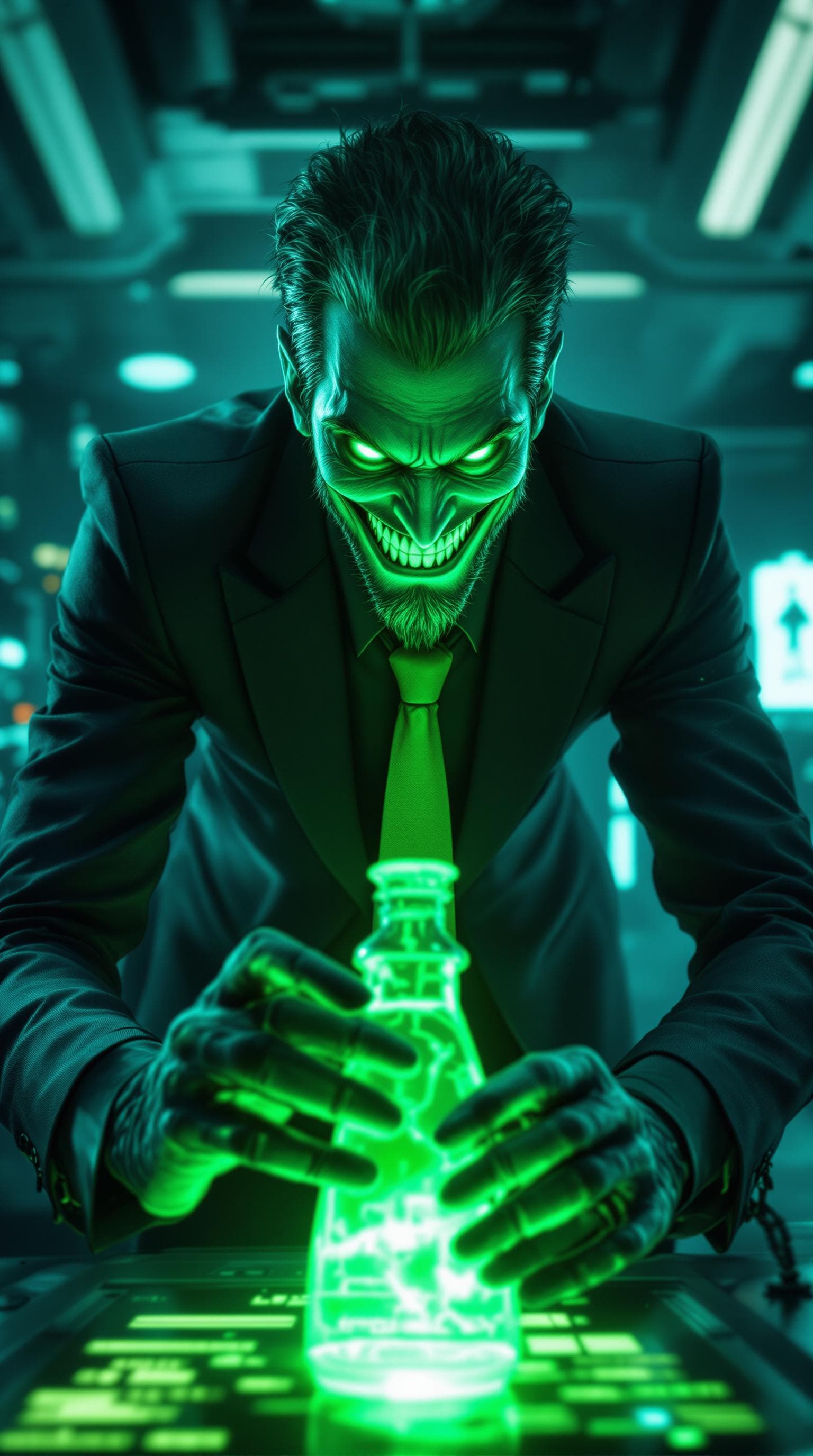 AI generated: A hyper-realistic image of a cunning scientist inspired by Plankton; leaning forward with a sinister...