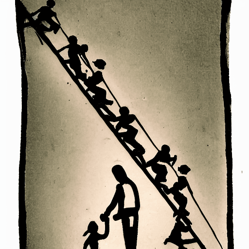 AI generated: tattoo design of a father walking down a ladder hand in hand with his children. with a clock in the ...